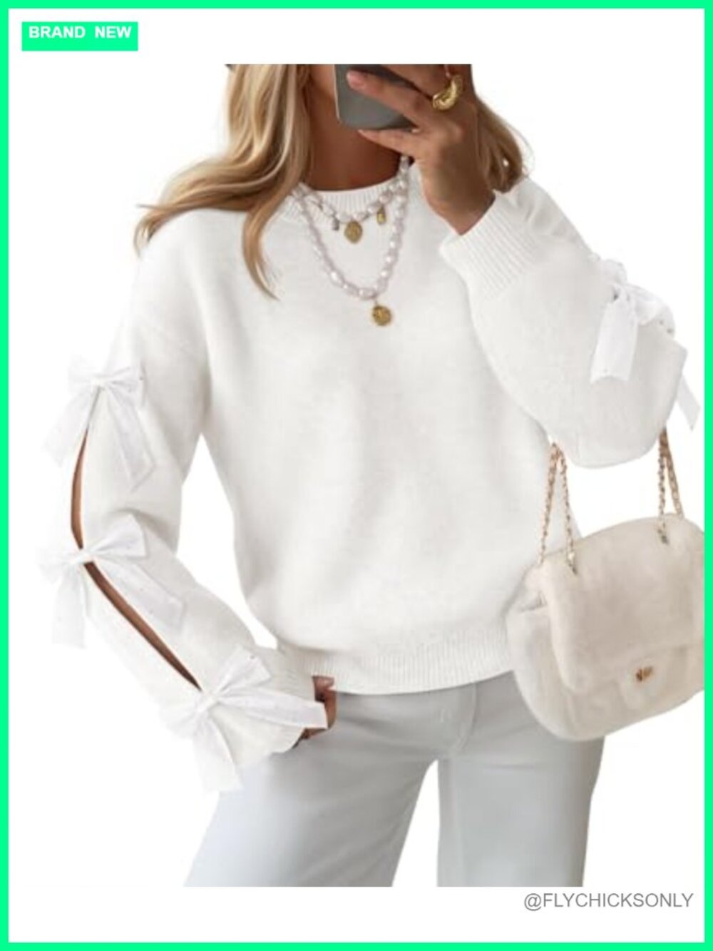 Oversized Bow Long Sleeve Crew Neck Chunky Knit Sweater Pullover